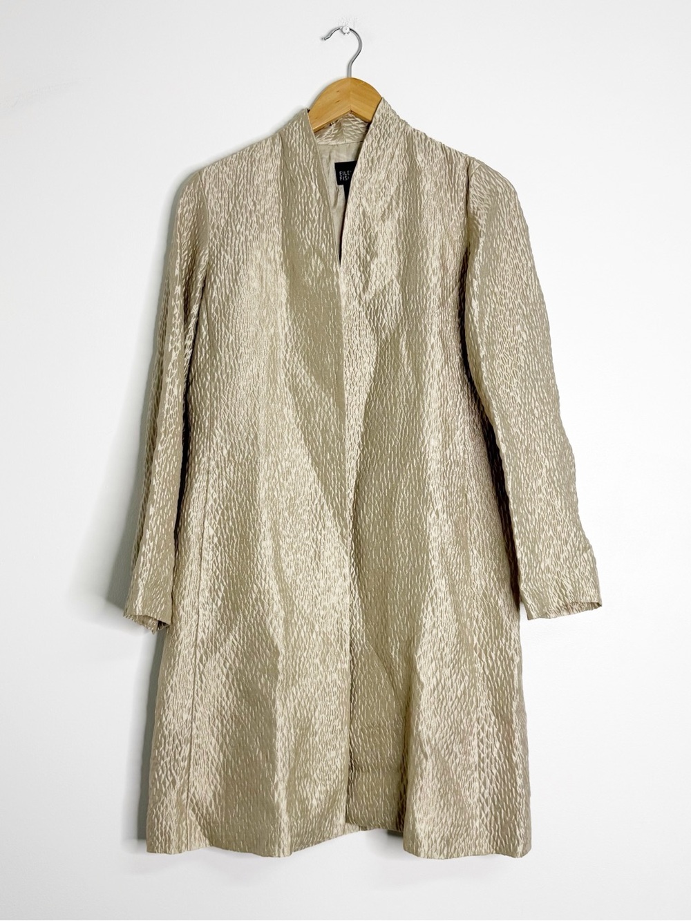 Eileen Fisher XS Silk Crinkle Long Jacket Coat Champagne Textured